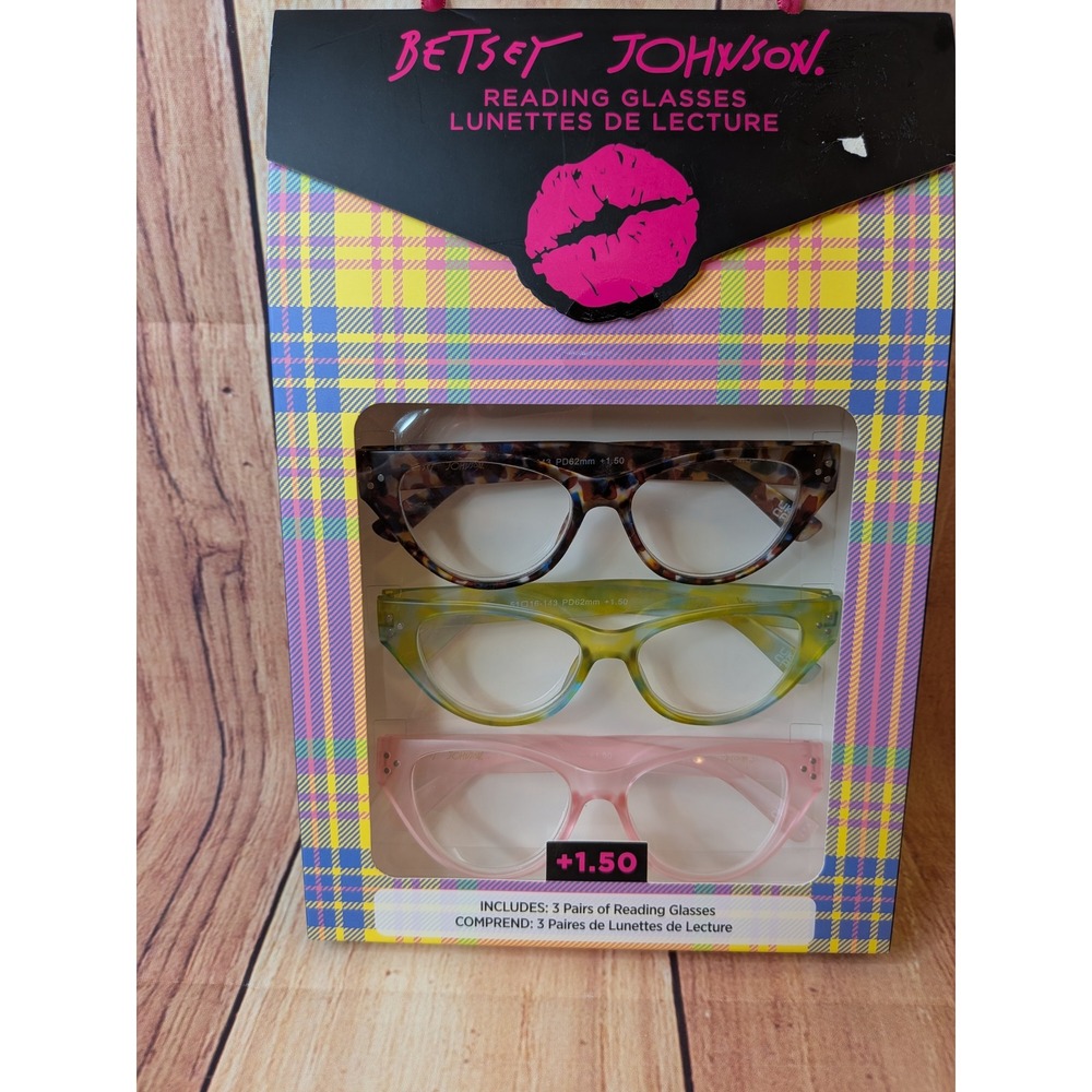 Betsey Johnson Reading Glasses 3 Pack +1.50 Cat Eye Tortoise Green Pink New - Picture 2 of 3